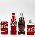 Atlanta, Georgia, USA April 1, 2020: four different types of cans and bottles of Coca-Cola - nostalgic, classic, rare Royalty Free Stock Photo